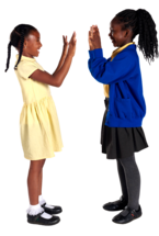 Two schoolgirls playing pat-a-cake.