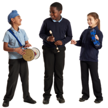 Three pupils playing with musical instruments.