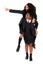 A pupil gives their friend a piggyback ride while their friend points something out to them.